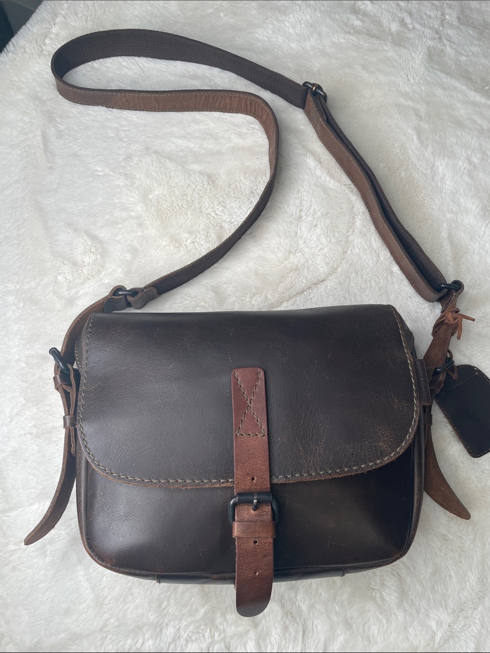 Aunts and Uncles Leather Saddle Bag with Plaid Lining